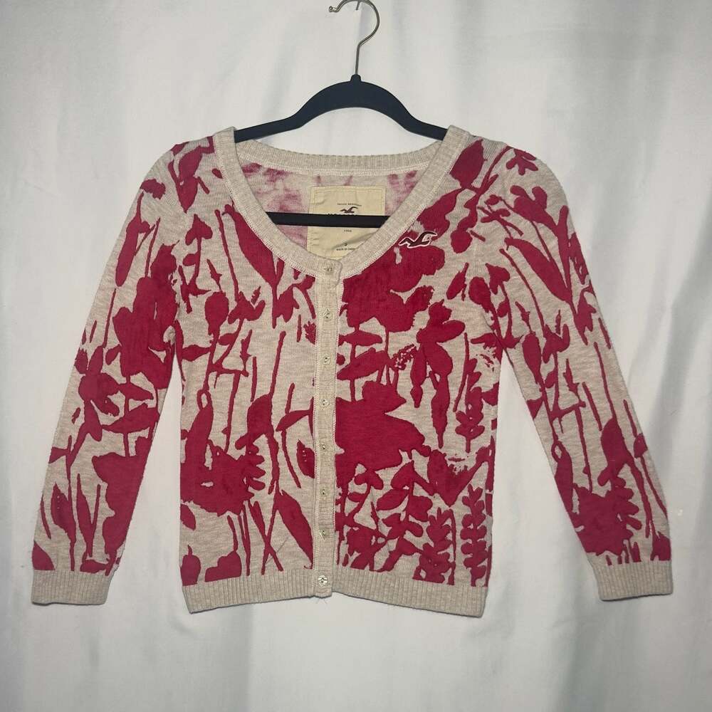 Hollister Pink and Cream Floral Print Button Cardigan Sweater Size S